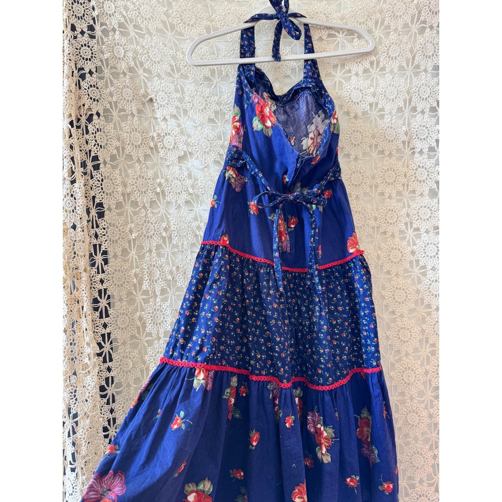Vintage 70's Blue Floral Halter Midi Dress Blue Red Tiered Prairie Boho Sz 10 - Picture 4 of 8